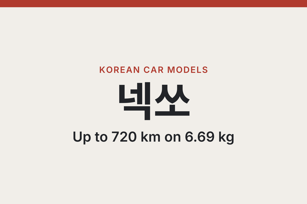 Nexo written in Korean as 넥쏘, with the label Korean Car Models and the line Up to 720 km on 6.69 kg